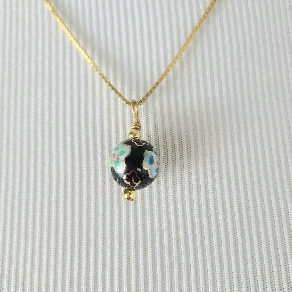 Cloisonne Pink Green Blue Gold Floral Vintage Round Circular Pendant